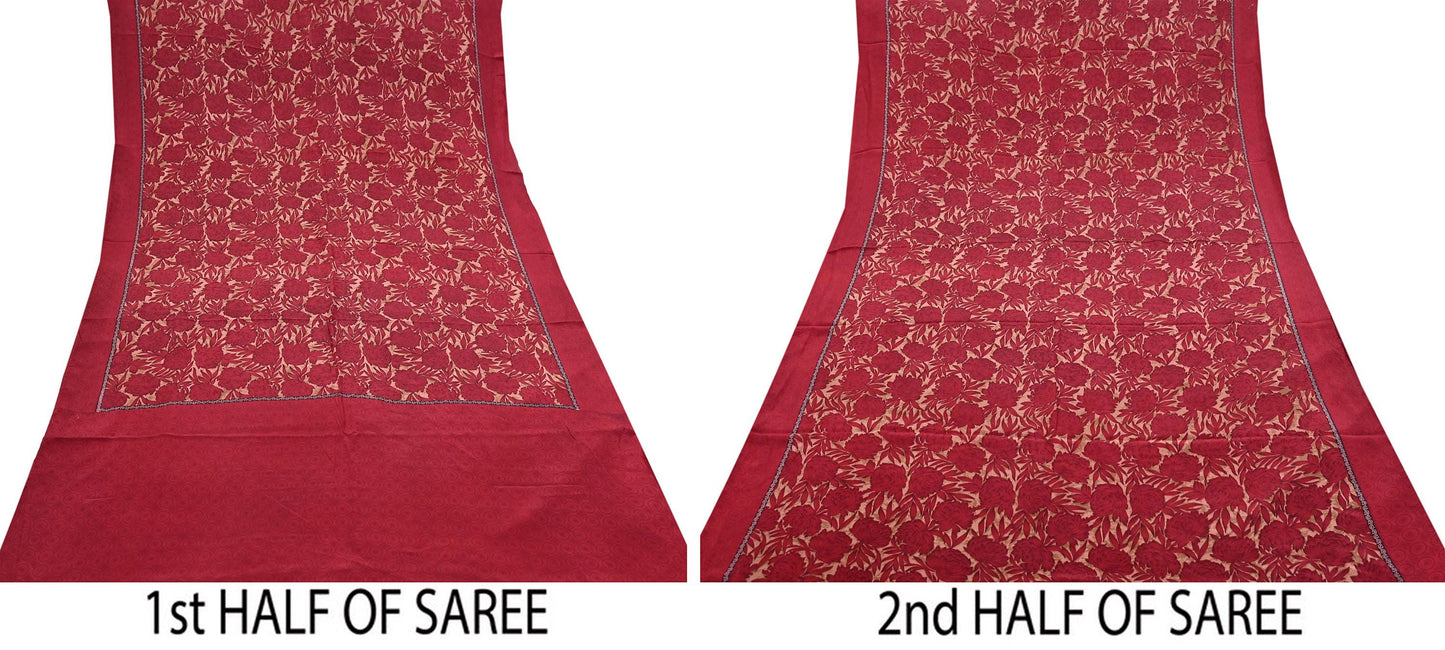 Indian Vintage Sari Red & Brown Pure Crepe Silk Printed Saree 5yard Sewing Quilting Floral Soft Craft Fabric Wrap