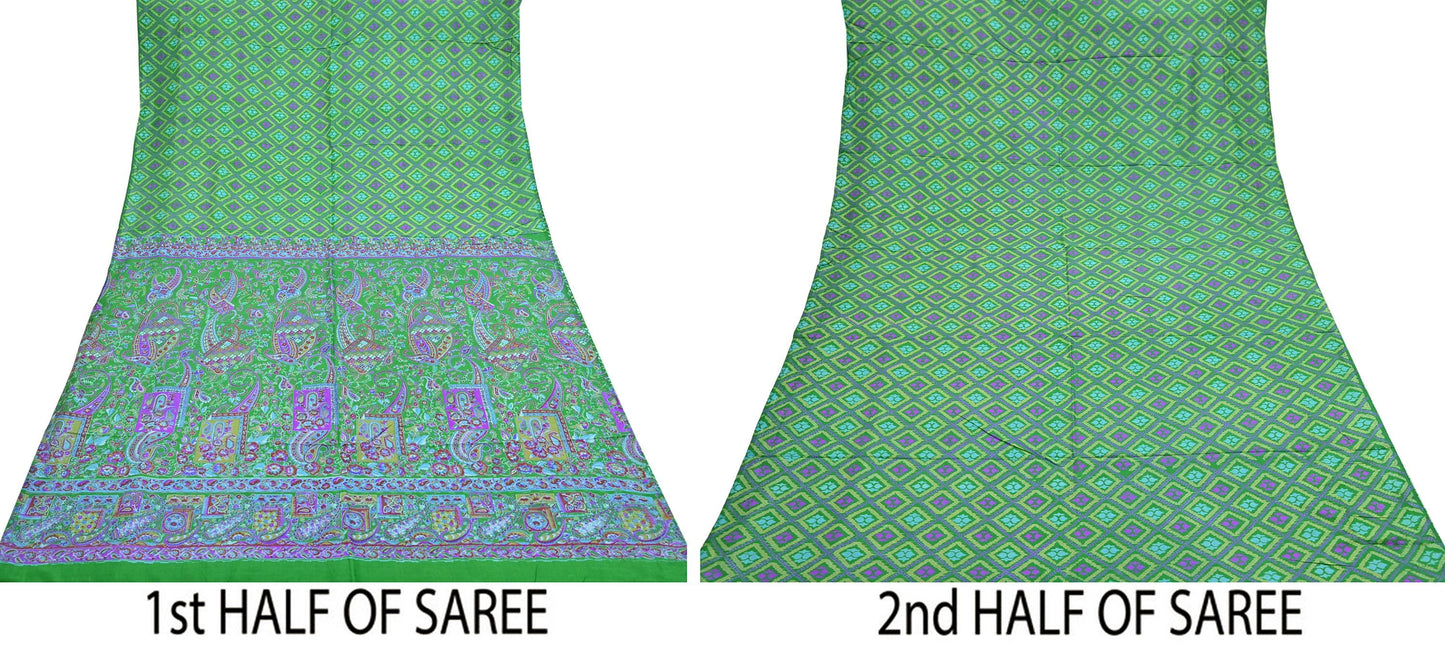 Indian Vintage Sari Green 100% Pure Silk Printed Sarees 5yd Craft Fabric Sewing Soft Dress Making Floral Quilting Crafting Upcycle