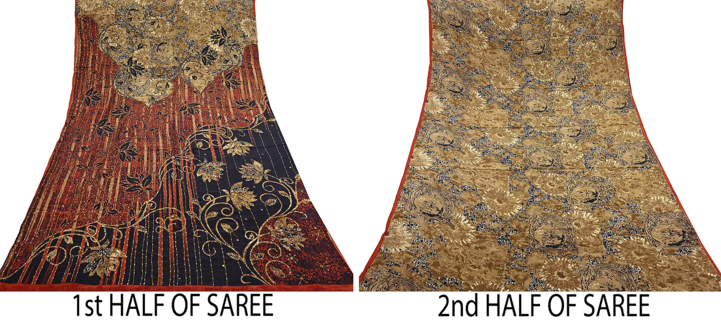 Indian Vintage Sari black & rusty Pure Crepe Silk Hand Embroidered Saree 6yd Sewing Floral Craft Sequins Dress making Crafting Quilting