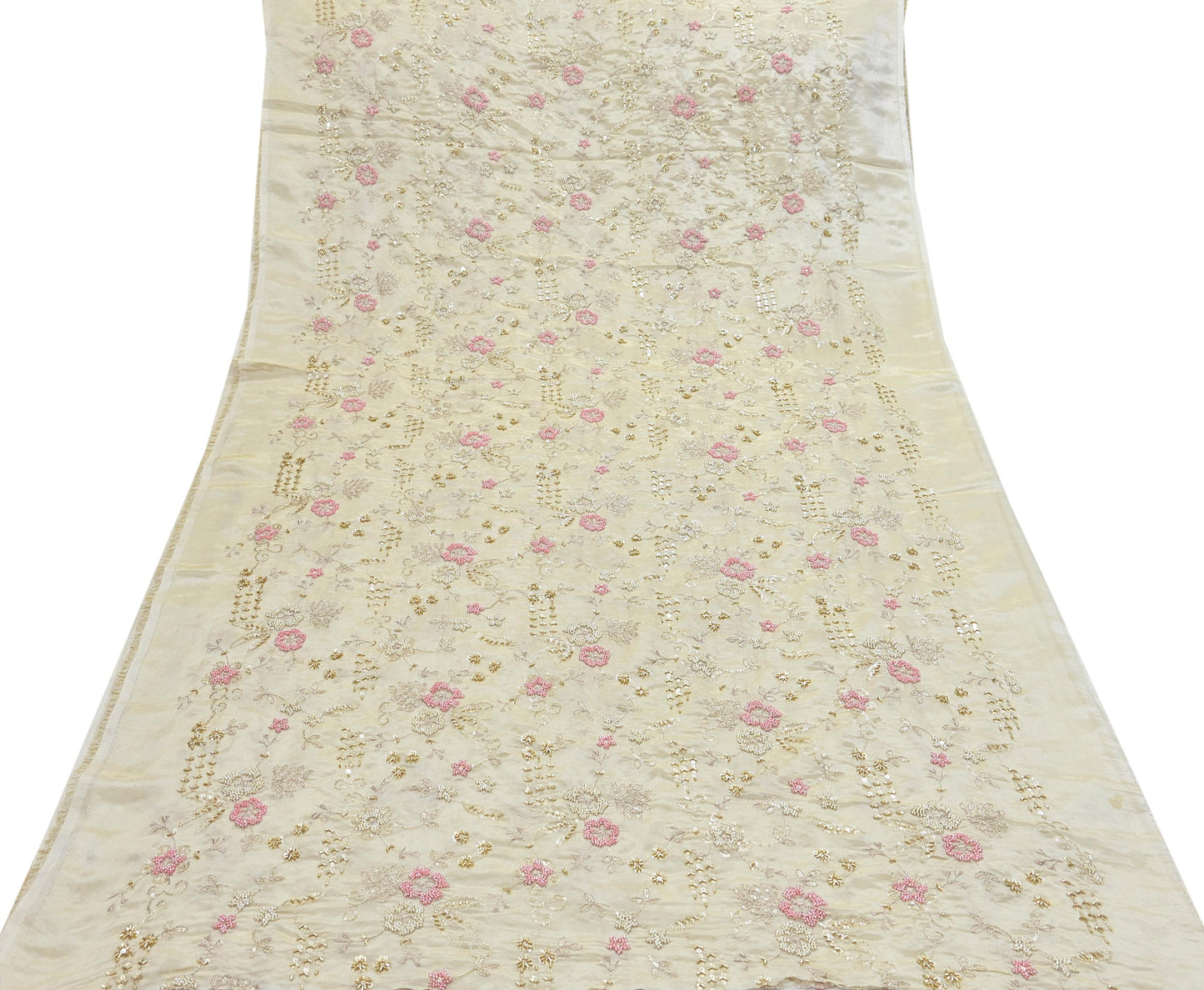 Indian new Ivory Gold Chanderi silk Embroidered Design Fabric glass beaded zari sequins Crafting Quilting Dress making Crafting
