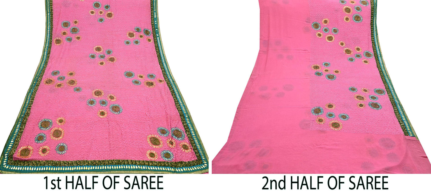 Indian Vintage Heavy Sarees Pink Pure Georgette Silk Hand Embroidered Sari Fabric 6Yd Sewing Ethnic Zardozi/dabka zari Wedding sarees