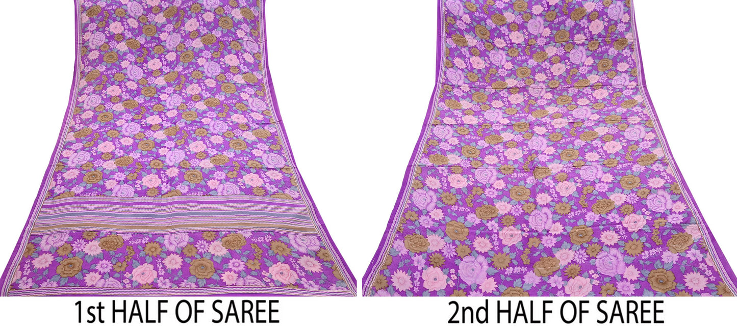 Indian Vintage Sari Purple Pure Crepe Silk Printed Saree 5yard Sewing Quilting Floral Soft Craft Fabric Wrap