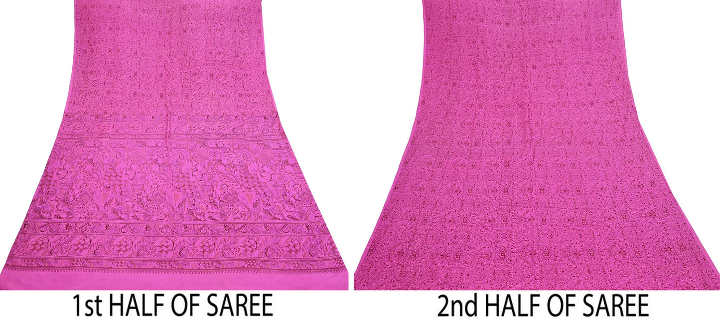 Indian Vintage Sari Pink 100% Pure Silk Printed Saree Craft Fabric 6yd Sewing Dress Making Soft Wrap Quilting Crafting Upcycle