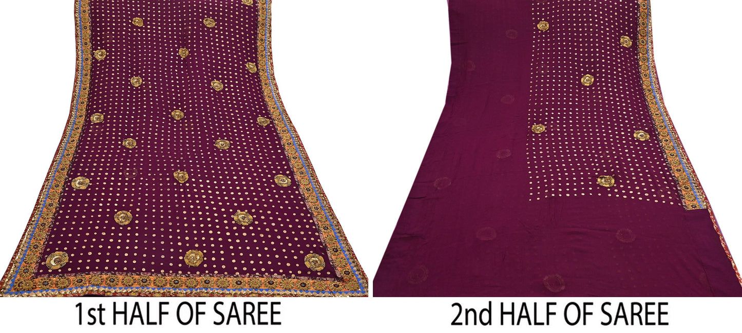 Indian Vintage Sari Purple Pure Georgette Silk Hand Embroidered manish malhotra Designer Saree Ethnic 6Yd Wedding Saree with blouse fabric