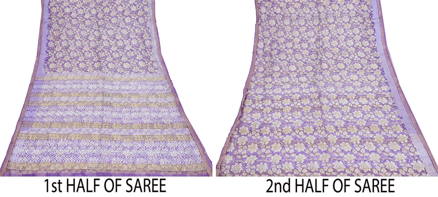 Indian Vintage Sari Purple & Ivory Pure Silk Block Printed Sarees Craft Fabric 6Yd Floral Dress making bollywood silk sarees