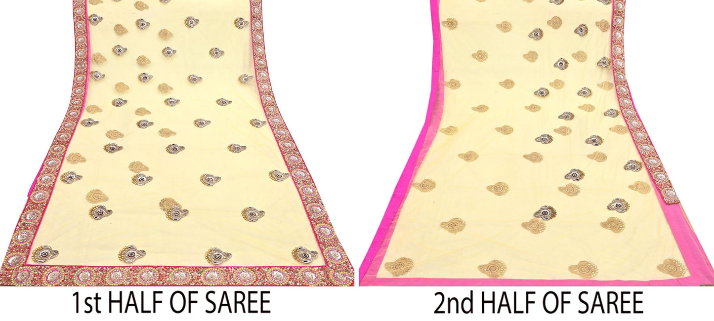 Indian Vintage Saree Yellow Mesh/Net Hand Embroidered Sabyasachi Designer Sari 6Yd Soft Ethnic Bollywood Party saree