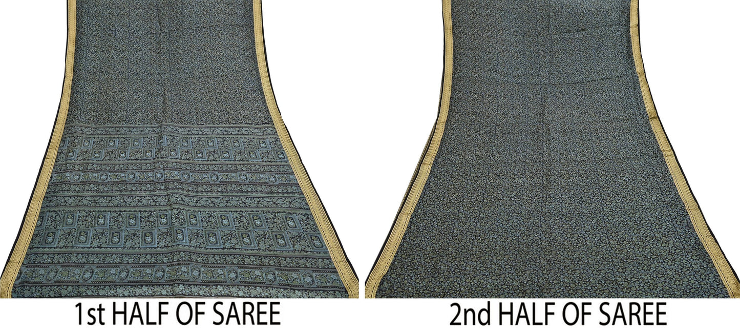 Indian Vintage Sari Black 100% Pure Silk Printed Sarees 5yd Sewing Craft Fabric Dress Making Soft Woven Border Upcycle Quilting