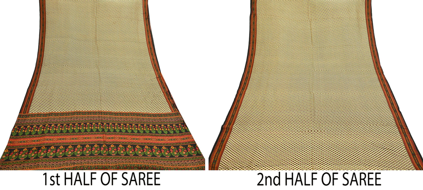 Indian Vintage Sari Beige & Black 100% Pure Silk Printed Saree Craft Fabric 5yd Sewing Dress Making Soft Wrap Quilting Crafting Upcycle