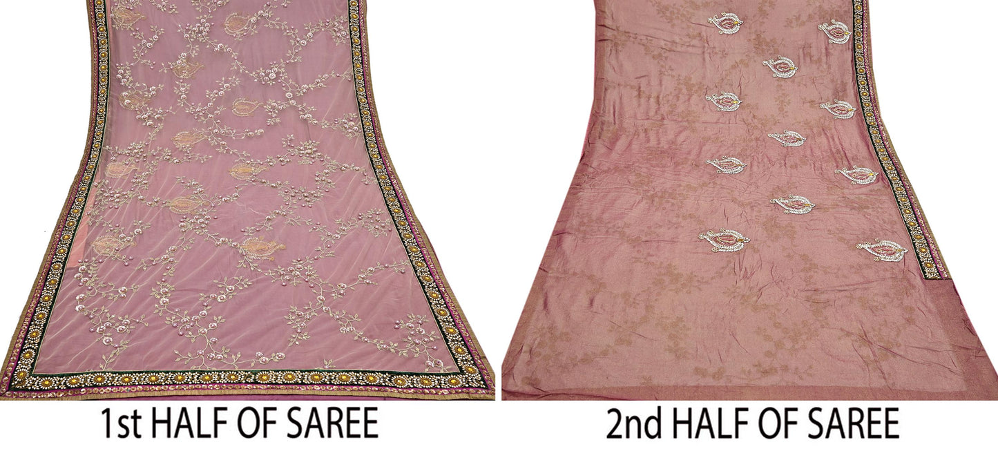 Indian Heavy Sari purple & green Net/Mesh Hand Embroidered Designer Sabyasachi Lehenga Sarees 6yd Ethnic Dabka Zari