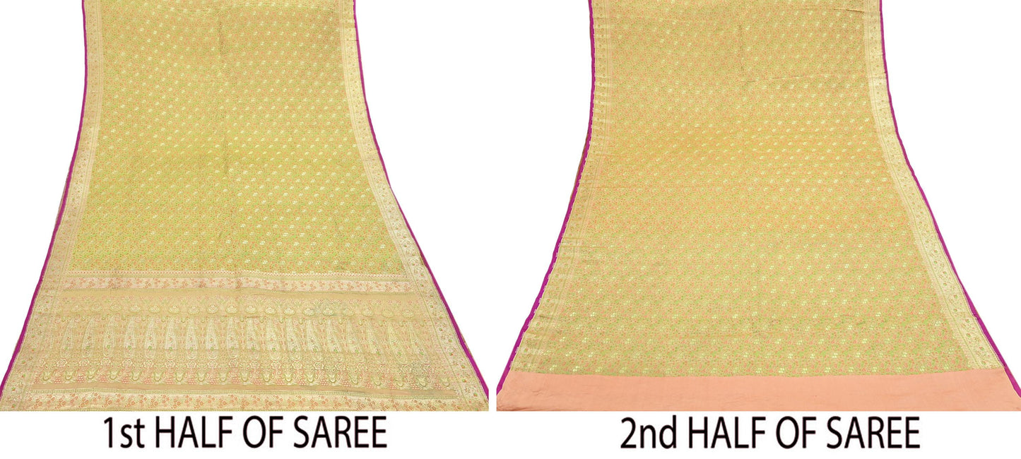Indian Vintage Sari Beige Heavy Pure Silk Woven Banarasi Brocade Saree Fabric 5Yd Ethnic Dress making Crafting Bollywood Dress Designing