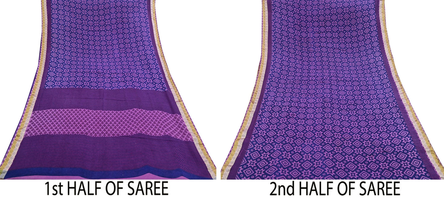 Indian Vintage Sari Blue & Purple Printed Pure Cotton Sarees Craft Fabric 5Yd Soft Sewing Sarong Wrap Boho Floral Quilting Dress making