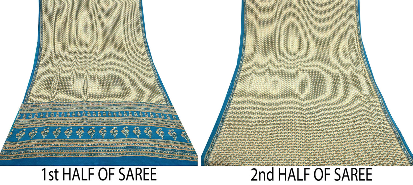 Indian Vintage blue & Beige Pure Crepe Silk Saree Floral Print 5 Yards Soft Sewing Fabric for Dressmaking, Quilting, Crafting Upcycling