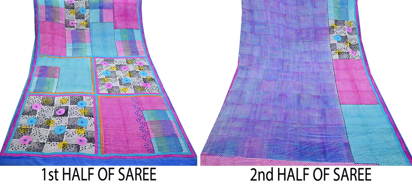 Indian Vintage Sari Multi Pure Crepe Silk Printed Saree 5yard Sewing Geometric Craft Fabric Wrap Dress Making Crafting Quilting