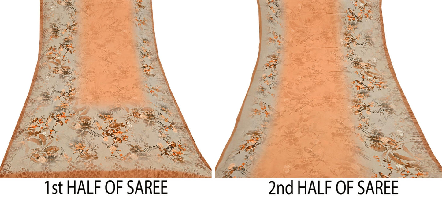 Indian Vintage Saree orange & brown Pure Satin Silk Digital Printed Sari 5yd Sewing Floral Soft Craft Fabric Dress Making Crafting Quilting