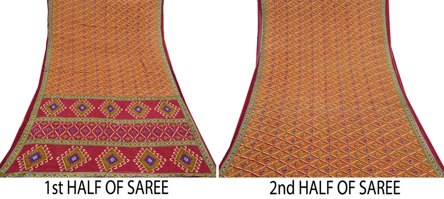 Indian Vintage Red & Mustard Saree Printed 100% Pure Cotton Sari Craft Fabric 5Yd Soft Sewing Sarong Wrap Dress Making Quilting Crafting