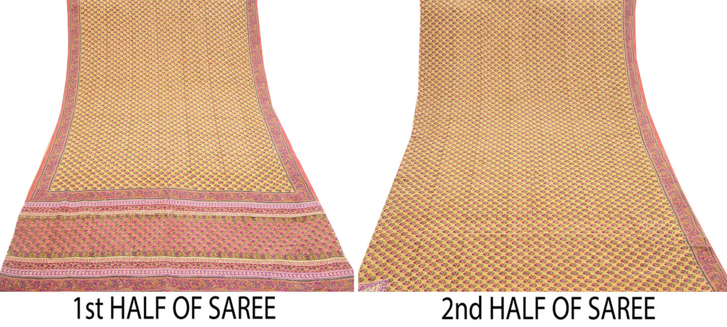 Indian Vintage Sari Yellow & Paech Pure Crepe Silk Printed Saree 5yard Sewing Quilting Floral Soft Craft Fabric Wrap