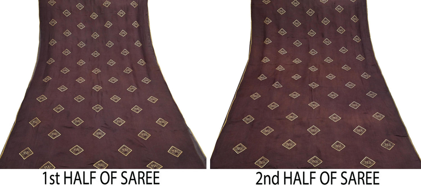 Indian Vintage Brown Saree Embroidered Cotton Blend Sari 6Yard Craft Fabric for Dressmaking, Quilting & Upcycling