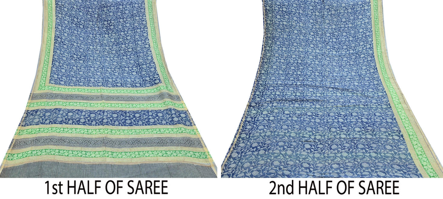 Indian Vintage Sari Blue chanderi Silk Bagru Printed Saree 5Yd Fabric Floral Soft Zari Border Ethnic Upcycle Crafting Dress making