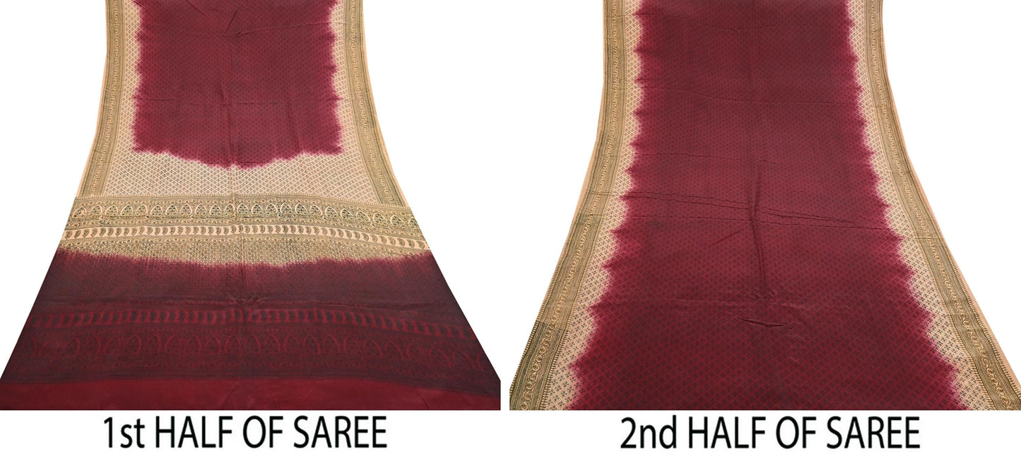 Indian Vintage Sari Maroon & beige Pure Crepe Silk Printed Saree 6yard Sewing Quilting Floral Soft Craft Fabric Wrap