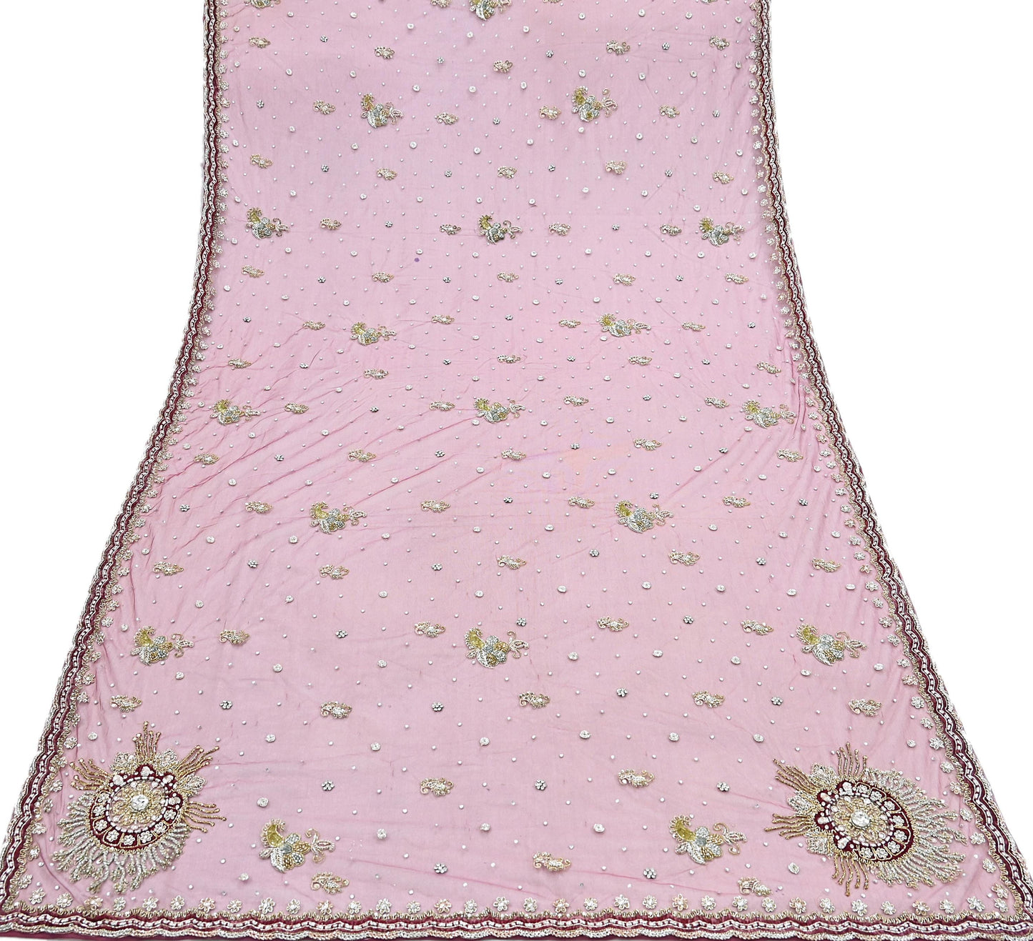 Indian Vintage Heavy Dupatta Pink Net Mesh Long Stole Hand Embroidered Scarves Wedding veil Wrap Boho