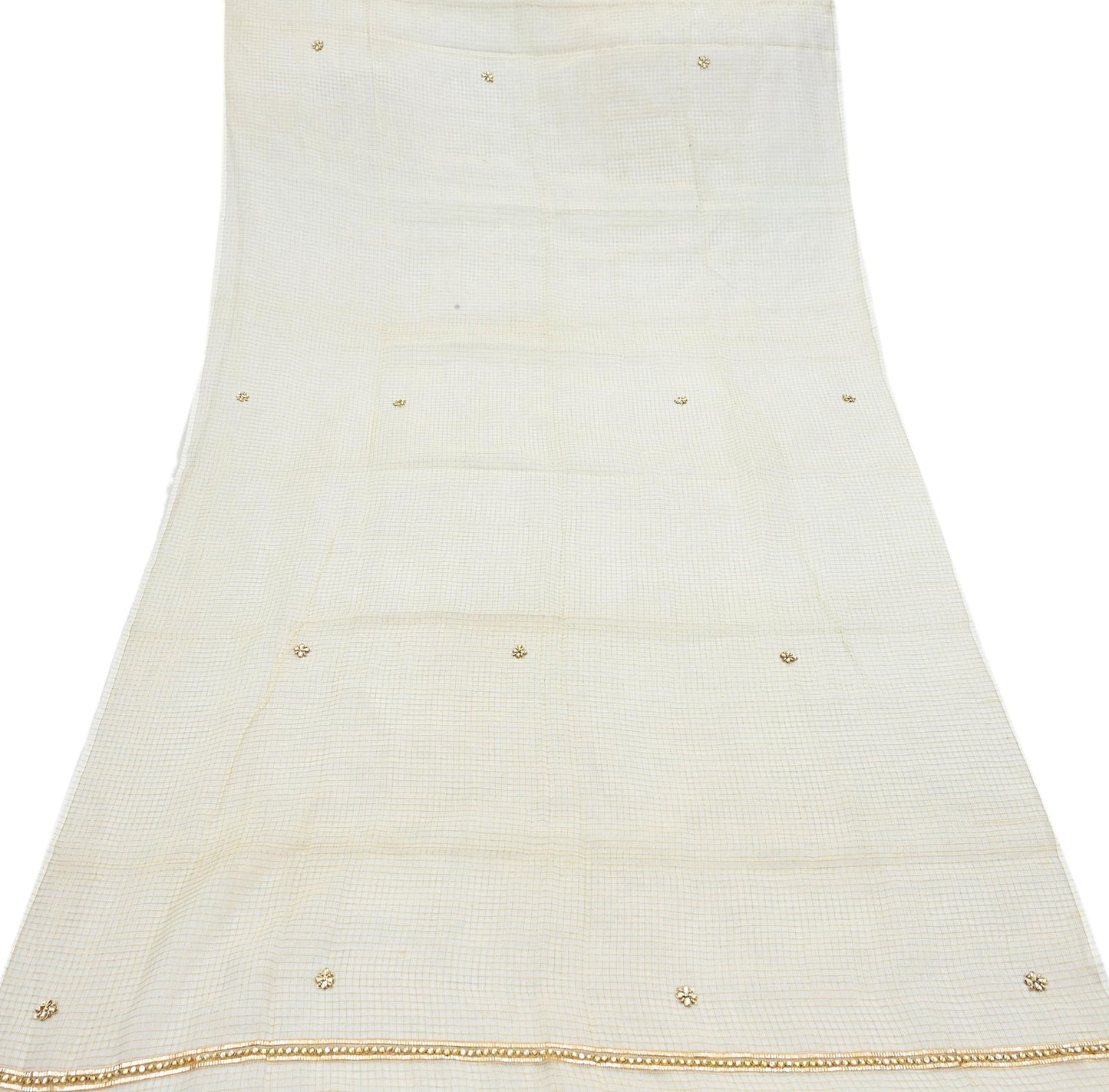 Indian Vintage White Dupatta Long Stole Embroidered Pure Cotton Scarves Veil Golden Zari Soft Fringes