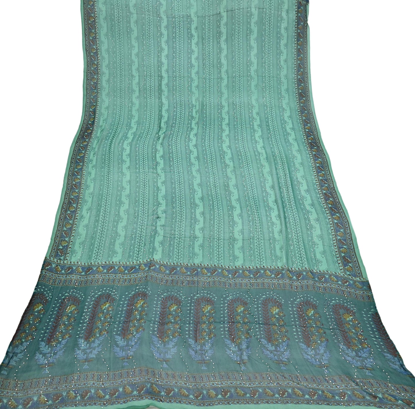 Indian Vintage Green Dupatta Pure Georgette silk Long Stole Printed Hand Embroidered Mukesh work Scarves Sequins Stole Zardozi/dabka