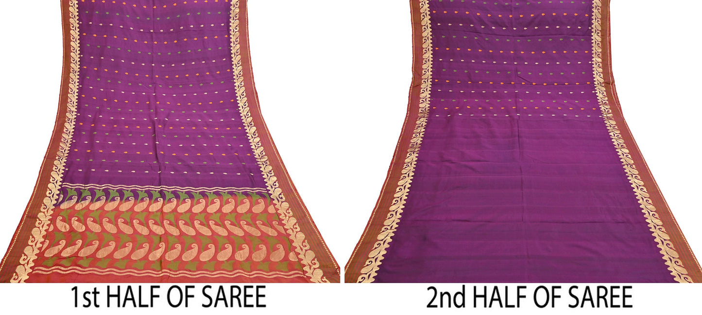 Indian Vintage Heavy Sari Purple & Orange Hand Woven Sarees 100% Pure Silk Zari 5Yd Floral with Blouse fabric