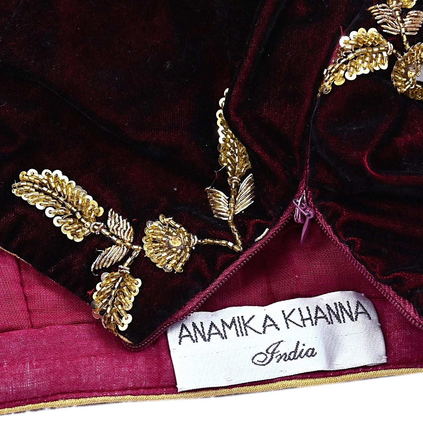 Indian Pre-owned Heavy Maroon Velvet Hand Embroidered By Designer Anamika Khanna Padded Blouse/Top/Crop M Size Party wear Bollywood