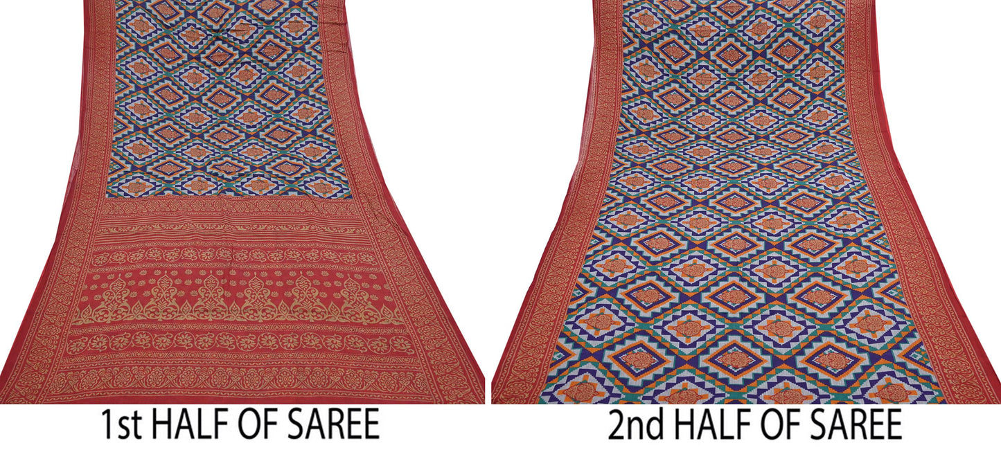 Indian Vintage Sari Red & Multi Printed 100% Pure Cotton Sarees Craft Fabric 5Yd Sewing Sarong Wrap Boho Floral Dress Making Crafting Soft