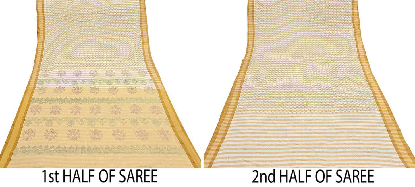 Indian Vintage Sari White & Beige Printed 100% Pure Cotton Sarees Craft Fabric 5Yd Sewing Sarong Wrap Boho Quilting Crafting zari border