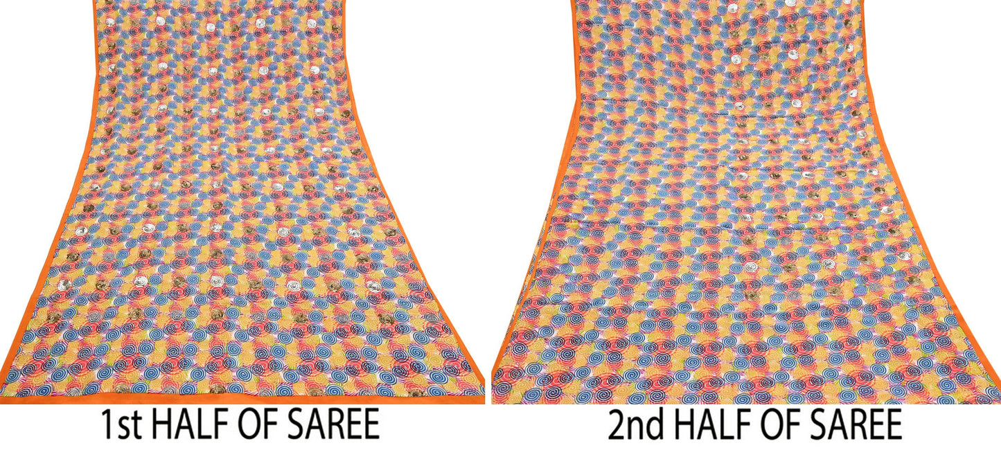 Indian Vintage Sari Multi Pure Crepe Silk Hand Embroidered Saree 5yd Sewing Floral Craft Sequins Dress making Crafting Quilting