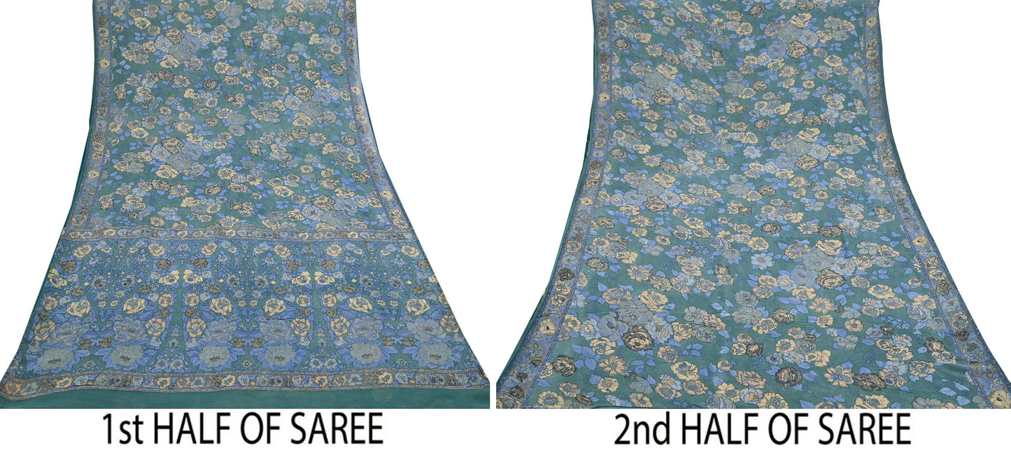 Indian Vintage Sari Green Pure Georgette Silk Printed Saree Craft Fabric Sewing 5Yd Soft Light Dress Making Crafting Quilting Upcycle