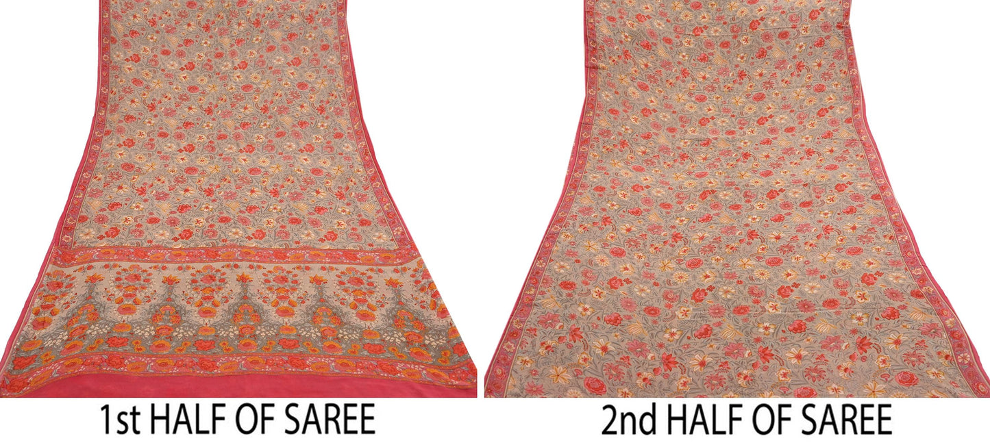 Indian Vintage Sari Brown & Pink Pure Georgette Silk Printed Saree Craft Fabric Sewing 5Yd Soft Light Dress Making Crafting Quilting Upcycle