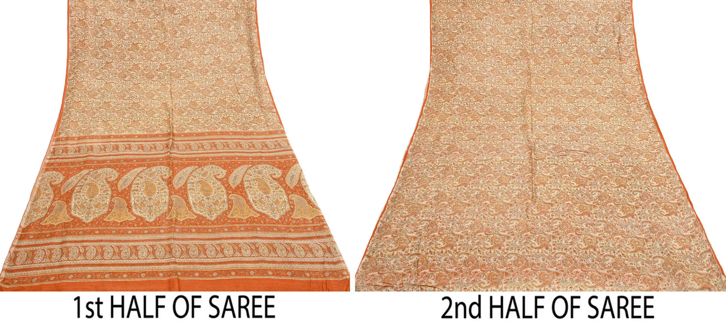 Indian Vintage Sari Beige & Orange Pure Silk Printed Saree Fabric 6yard Sewing Craft Fabric DressMaking Wrap Floral