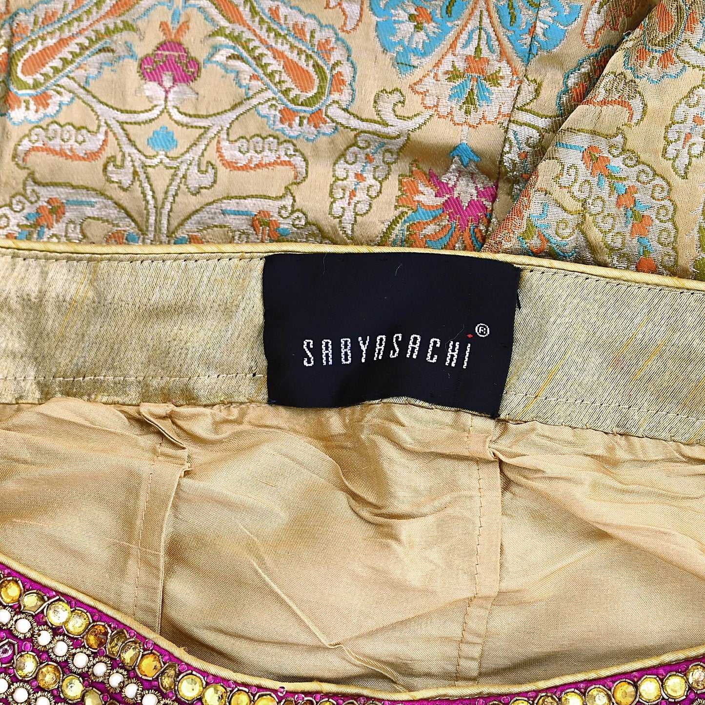 Indian Vintage Heavy Beige Pure Satin Silk Hand Embroidered Brocade Lehenga Skirt By Designer Sabyasachi Bridal Wear Dabka/ Zardozi