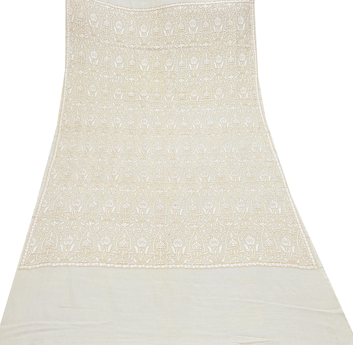 Indian Vintage Ivory Shawl Pure Pushmina Handmade Ari work Long Throw Stole Warm Paisley Design Soft Cozy