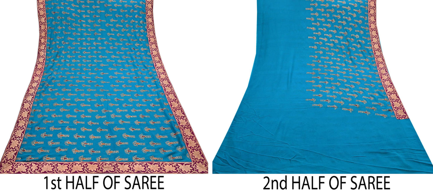 Indian Vintage Heavy Sarees Turquoise Pure Georgette Silk Hand Embroidered Sari Fabric 5Yd Sewing Ethnic zari with blouse fabric