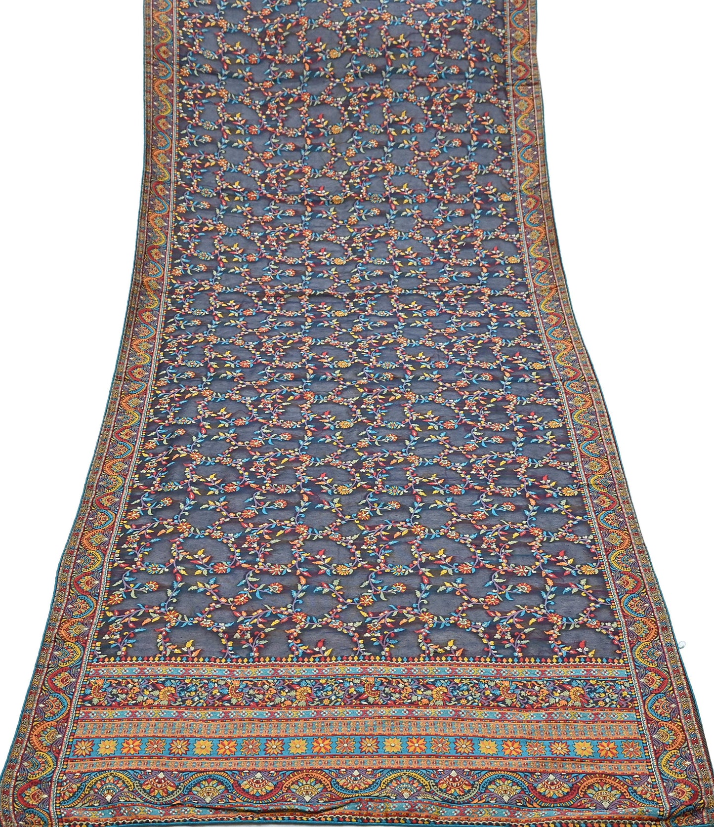 Indian Vintage Blue Dupatta Long Stole Artificial Silk Woven Brocade Scarves Veil Scarf Wrap Hippie Boho Soft Floral Fringes