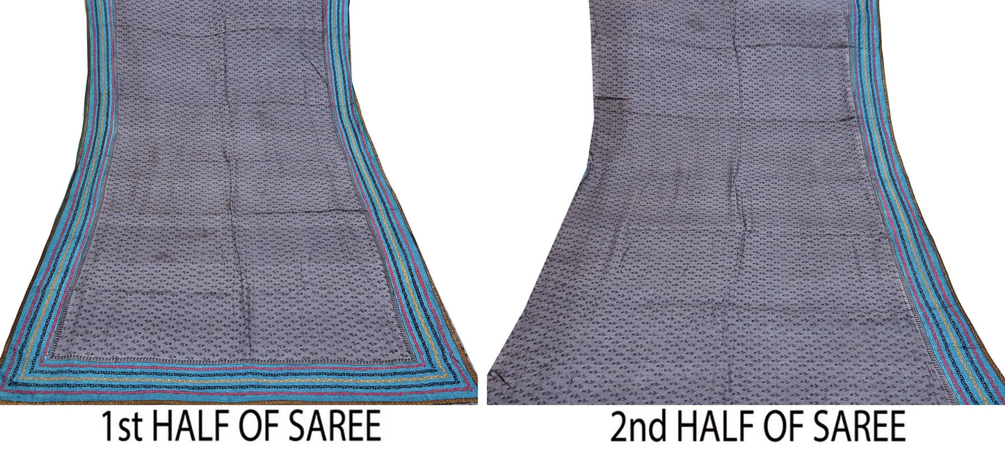 Indian Vintage Saree Gray Pure Khadi Silk Handloom Hand Beaded Sari Fabric 5yard Ethnic Dressmaking Crafting Upcycle Quilting