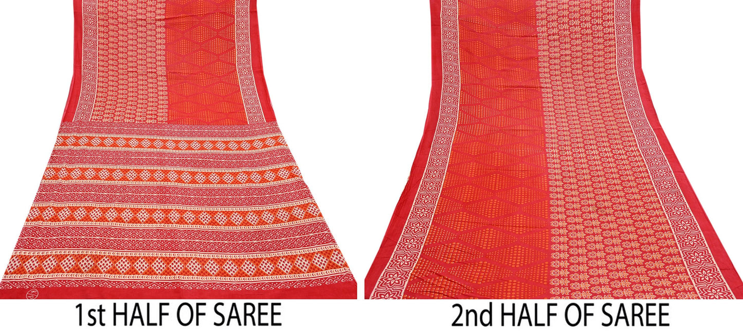 Indian Vintage Red Sarees Pure Cotton Block Printed Sari 5yd Sewing Craft Fabric DressMaking Soft Crafting Quilting Upcycle