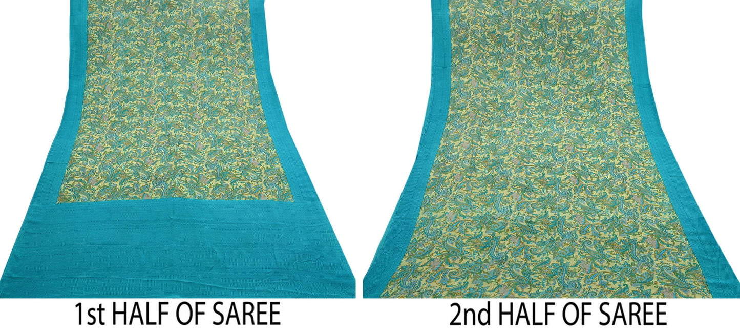 Indian Vintage Sari Beige & Blue Pure Crepe Silk Printed Saree 6yard Sewing Quilting Floral Soft Craft Fabric Wrap