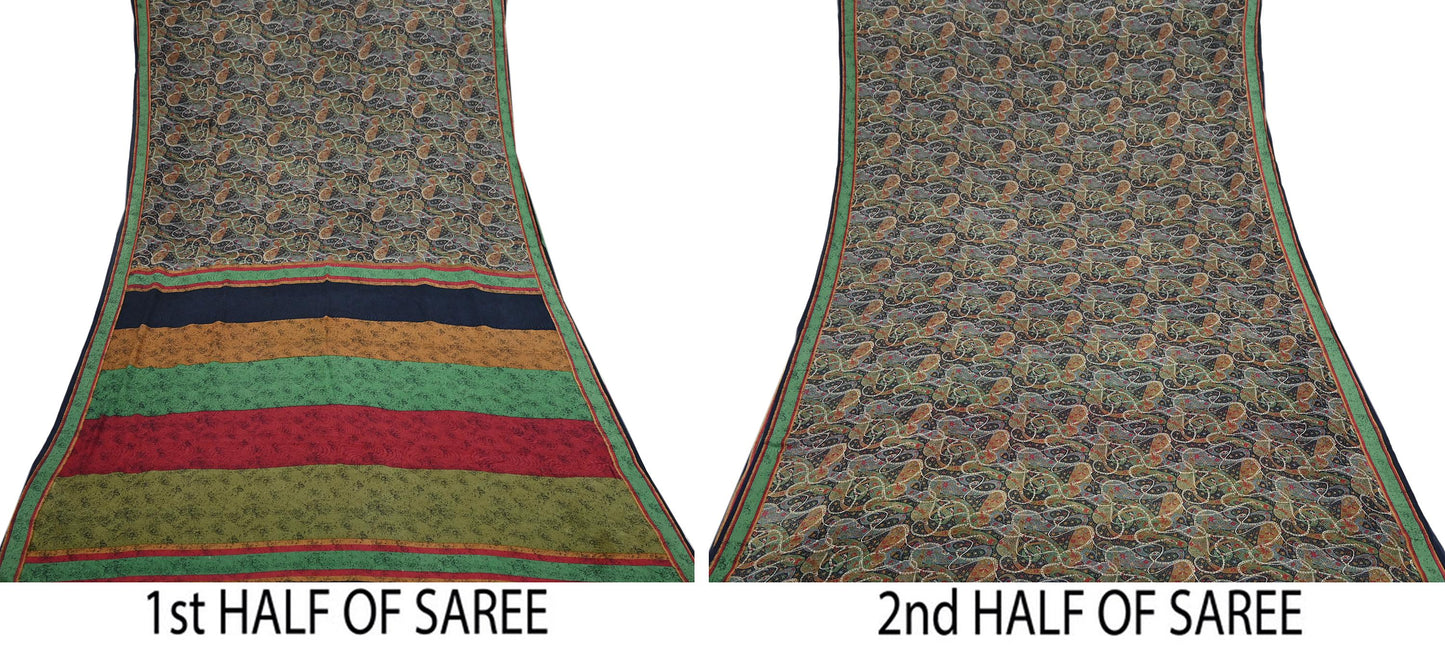 Indian Vintage Sari Black Pure Georgette Silk Printed Saree Craft Fabric Sewing 6Yd Soft Light Dress Making Crafting Quilting Upcycle