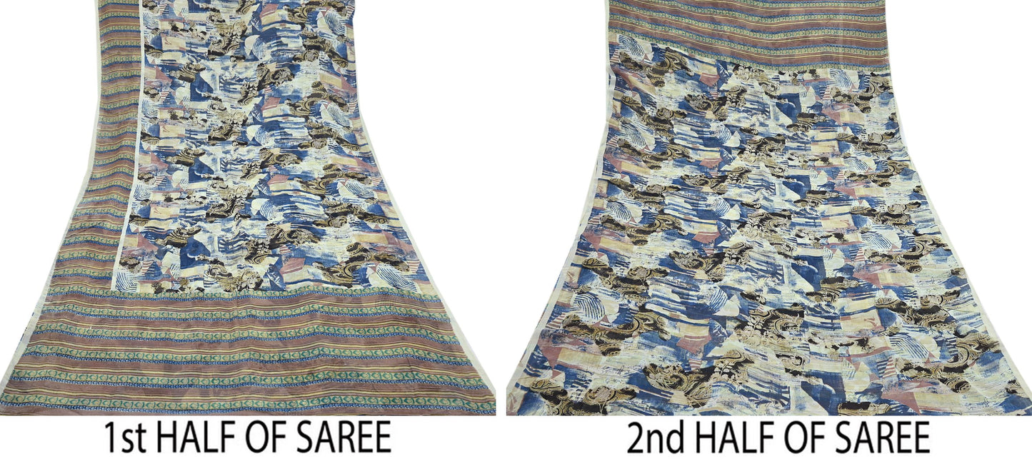 Indian Vintage Sari Ivory & Multi Pure Georgette Silk Printed Sarees 6Yd Craft Fabric Sewing Quilting Dress making Crafting Quilting Upcycle