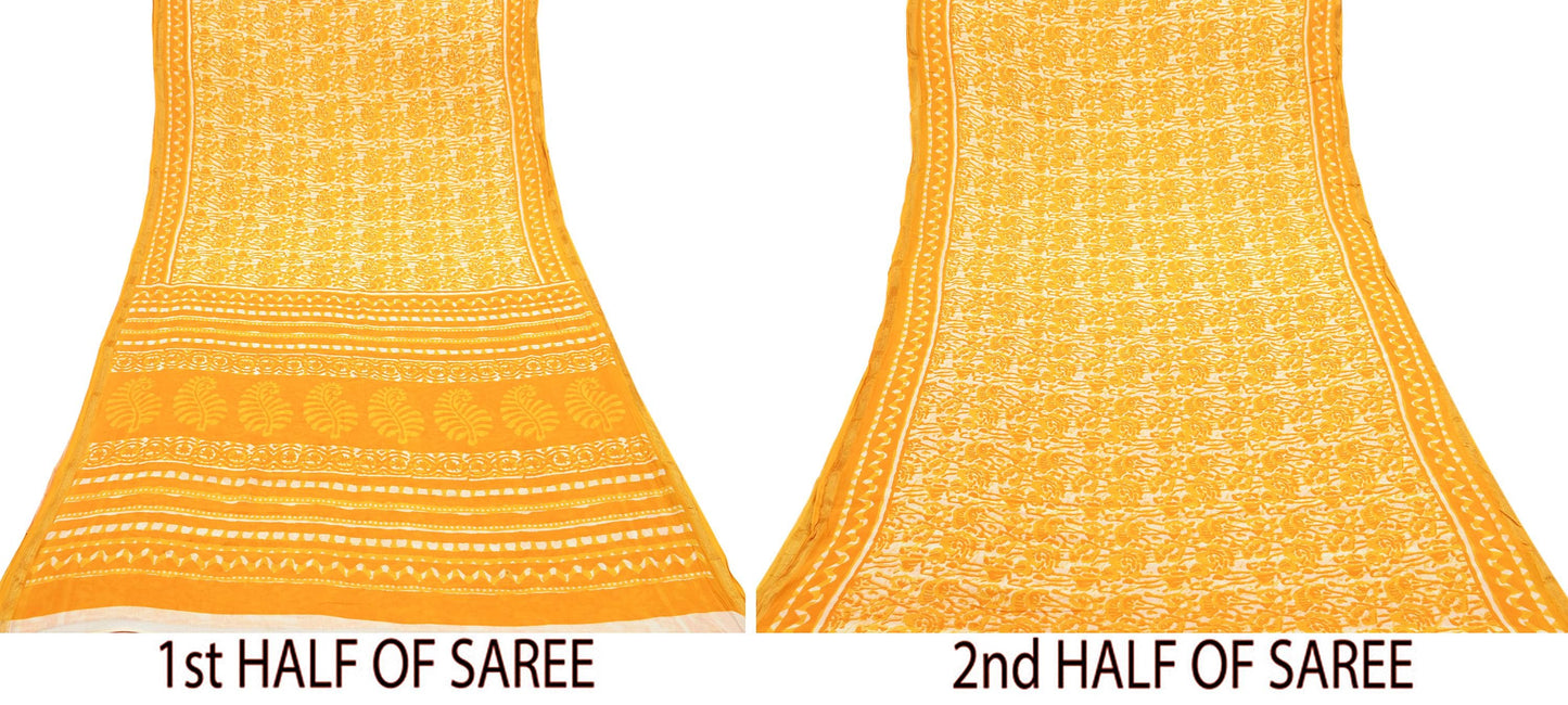 Indian Vintage Sari Yellow & white Batik Printed Pure Cotton Saree Craft Fabric 5Yd Sewing Soft Sarong Wrap Boho Dress Making Quilting