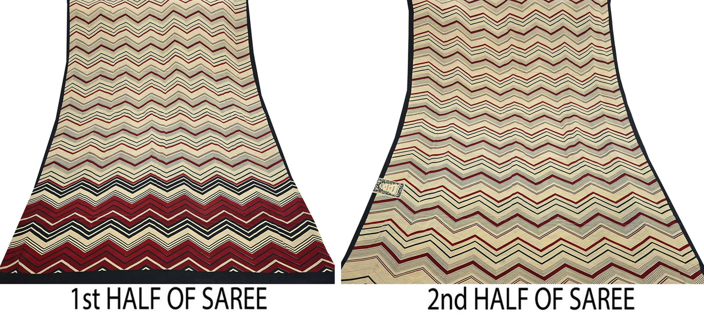 Indian Vintage Sari Beige & Black Pure Crepe Silk Printed Saree 5yard Sewing Floral Soft Craft Fabric Wrap Crafting Quilting Upcycle