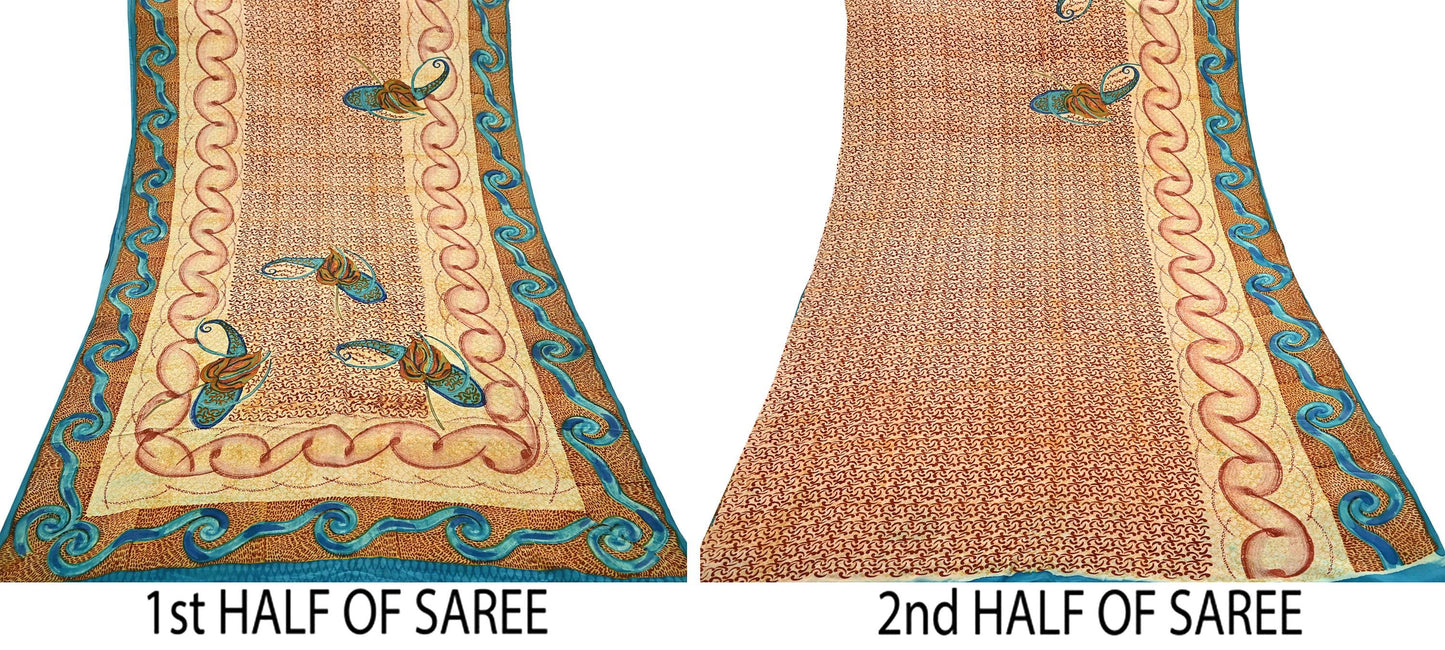 Indian Vintage Beige Pure Crepe Silk Saree Floral Block Print 5 Yards Soft Sewing Fabric for Dressmaking, Quilting, Crafting