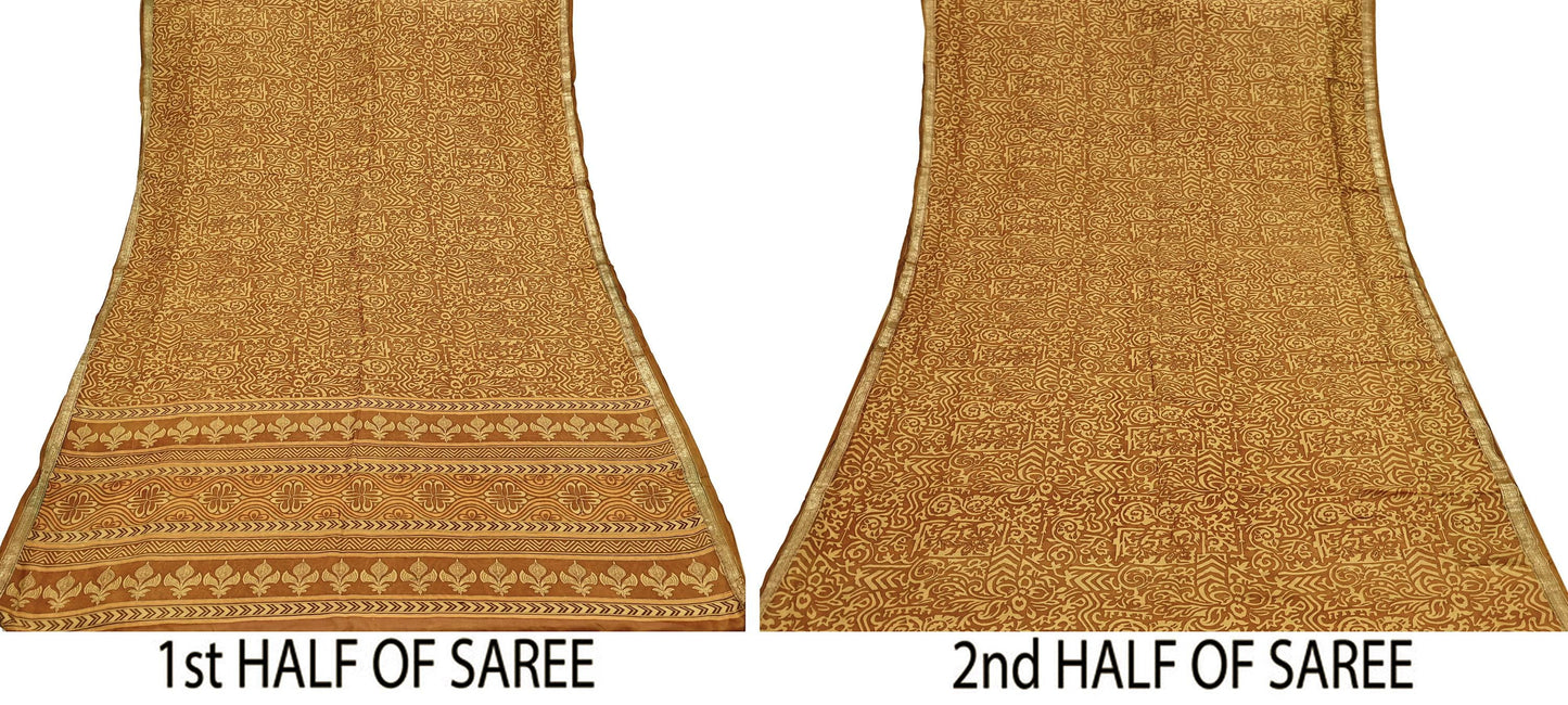 Indian Vintage Sari Brown & Yellow 100% Pure Silk Printed Saree Craft Fabric 5yd Sewing Dress Making Soft Wrap Quilting Crafting Upcycle