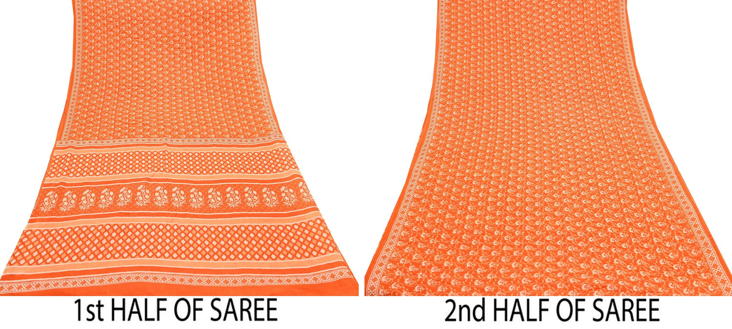 Indian Vintage Orange Sarees Pure Cotton Block Printed Sari 5yd Sewing Craft Fabric DressMaking Soft Crafting Quilting Upcycle