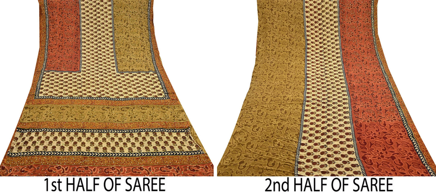 Indian Vintage Sari Beige & orange Pure Crepe Silk Hand Embroidered Saree 5yd Sewing Floral Craft Sequins Dress making Crafting Quilting