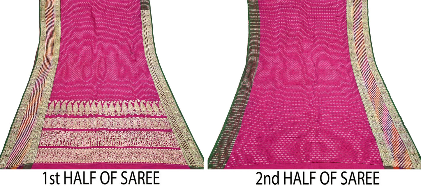 Indian Vintage Sari Heavy Wedding Pure Satin Silk Rani Pink saree Banarasi Brocade Saree Golden Zari 5Yard Fabric Ethnic Dressmaking